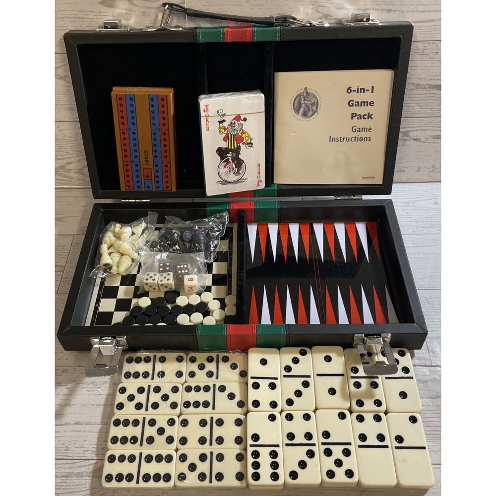 Excalibur 6 in 1 Game Black Portable Travel Case Chess Domino Cards Checkers VTG